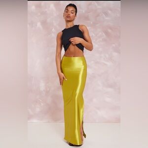 PLT Olive Stretch Satin Split Side Maxi Skirt NWT size US 10 and also US size 8
